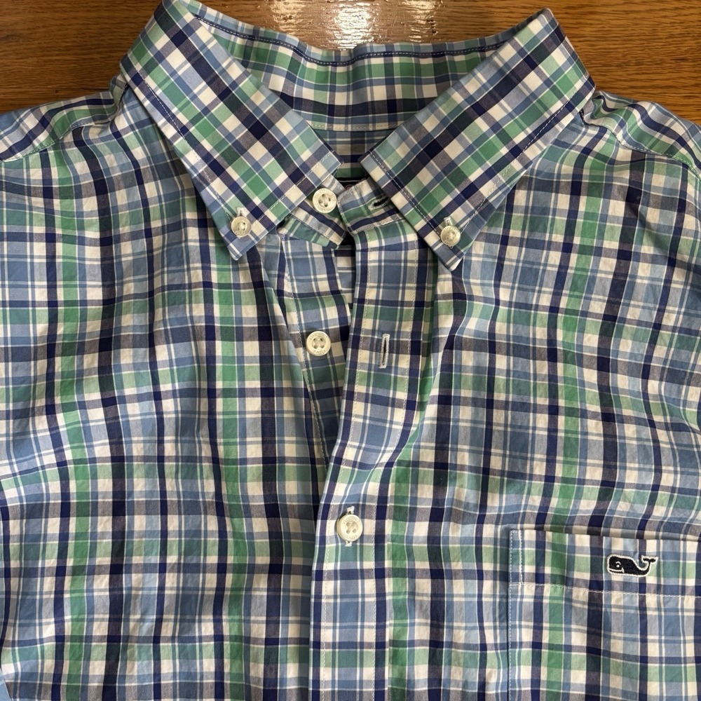 Vineyard Vines Slim Fit Shirt Mens XXL Blue Green Plaid Button Up Shirt Easter